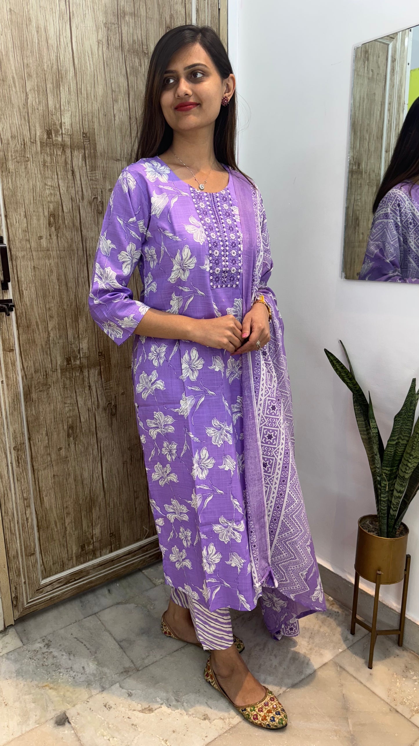 Beautiful Embroidered Cotton Suit Set with Mul Cotton Dupatta