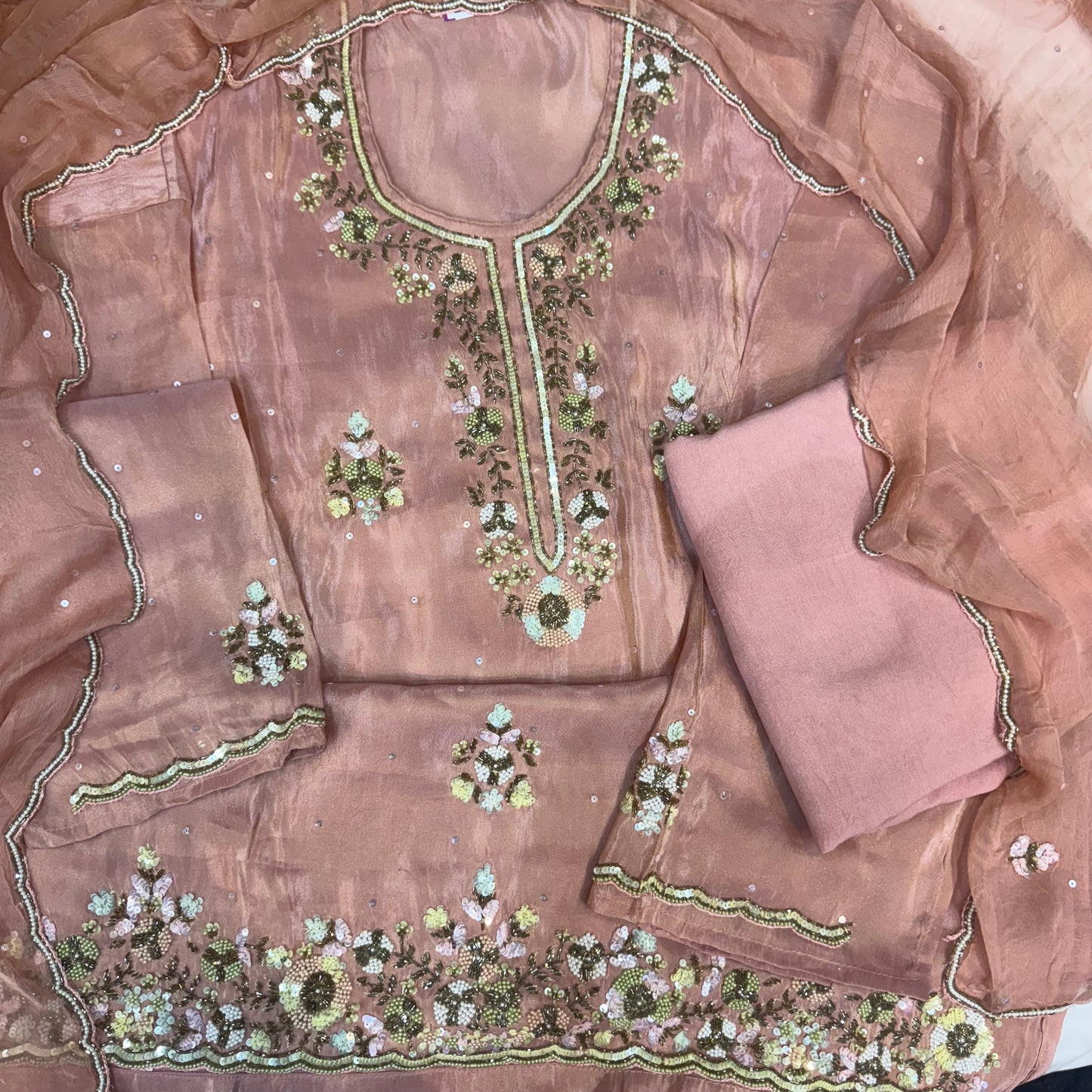 Hand Embroidered Shimmer Silk Suit