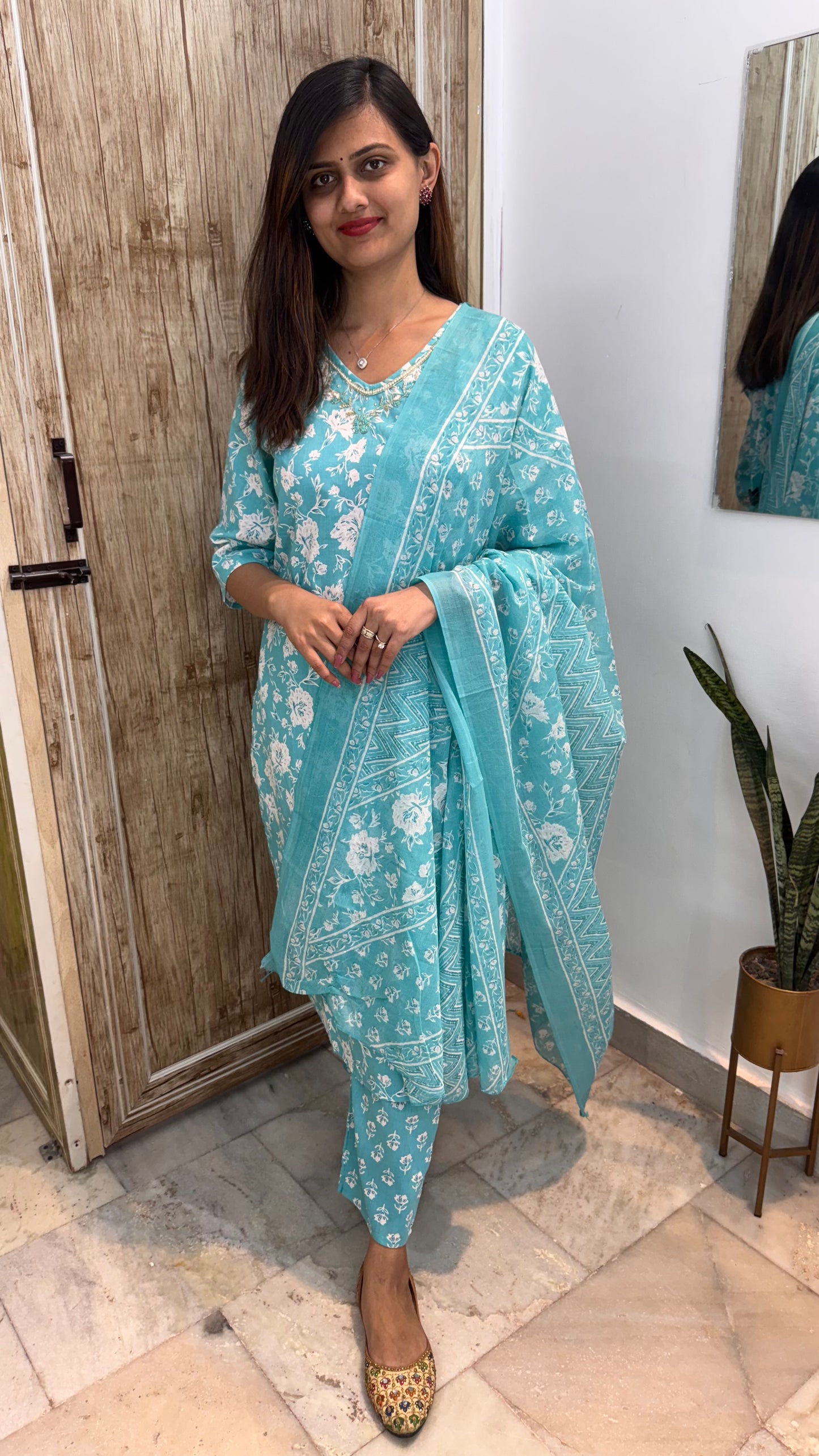 Beautiful Embroidered Cotton Suit Set with Mul Cotton Dupatta