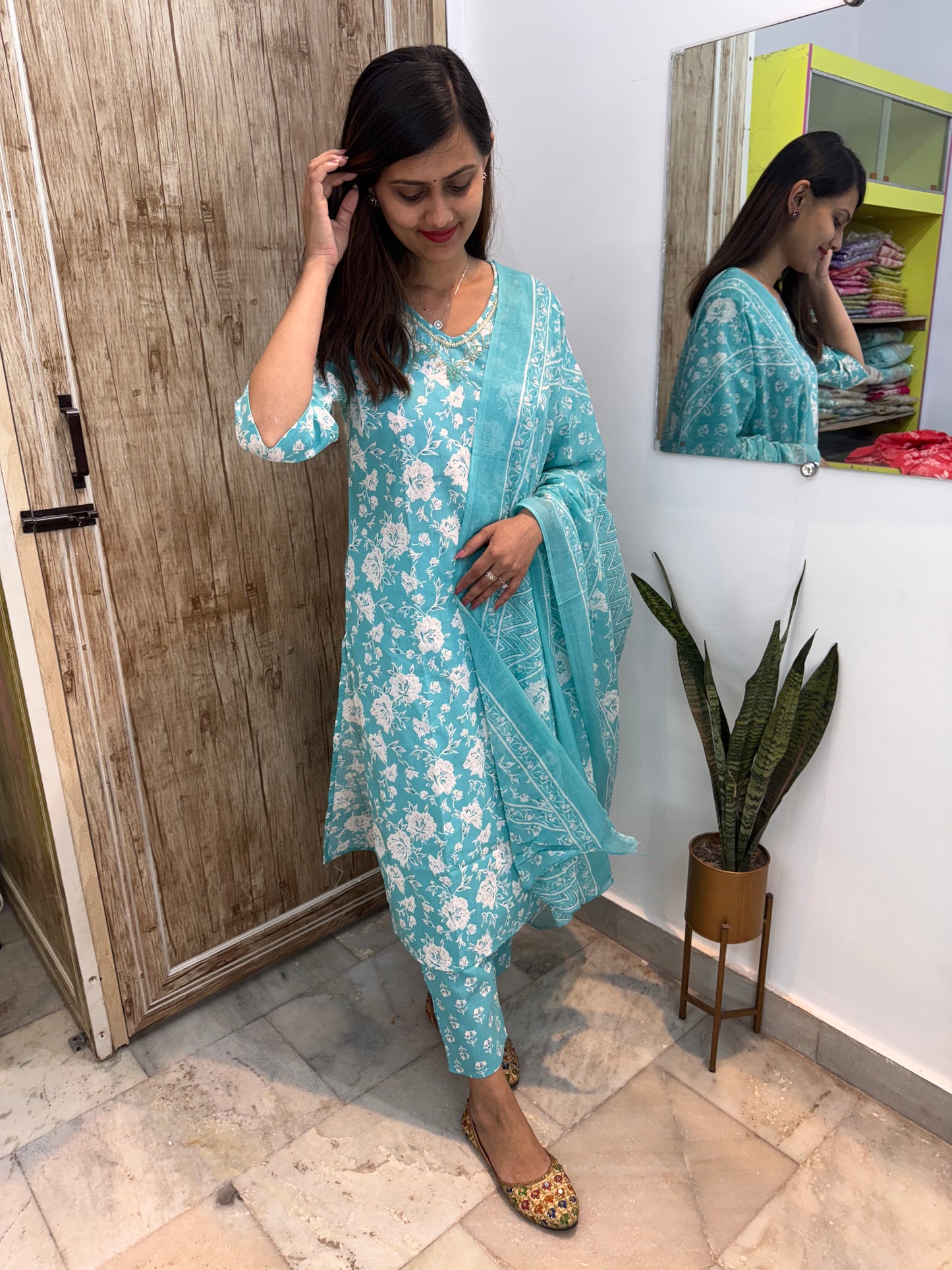 Beautiful Embroidered Cotton Suit Set with Mul Cotton Dupatta
