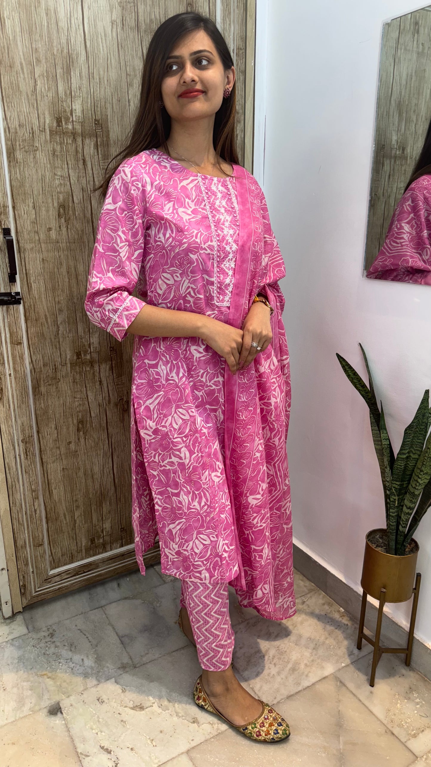 Beautiful Embroidered Cotton Suit Set with Mul Cotton Dupatta
