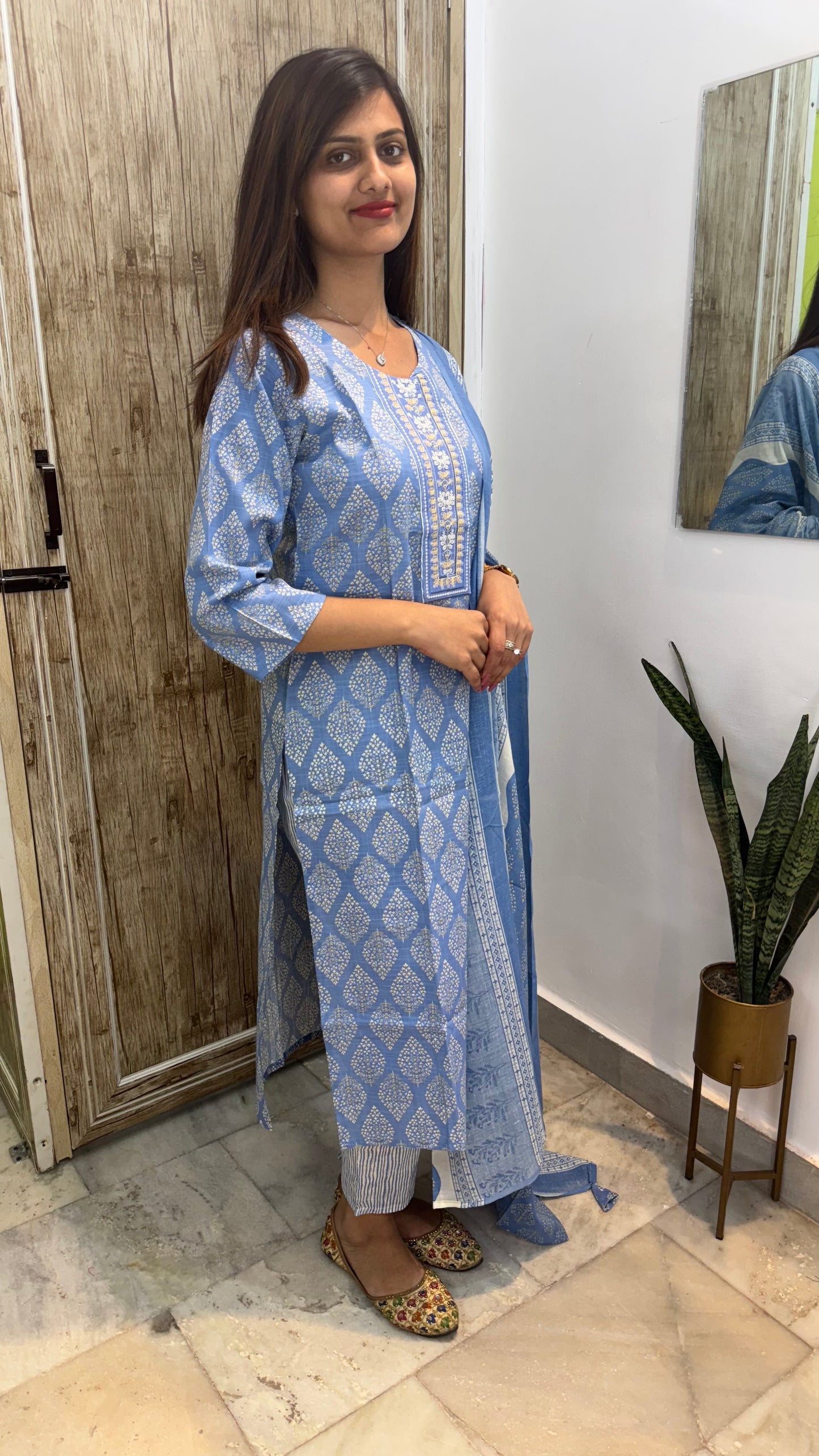 Beautiful Embroidered Cotton Suit Set with Mul Cotton Dupatta