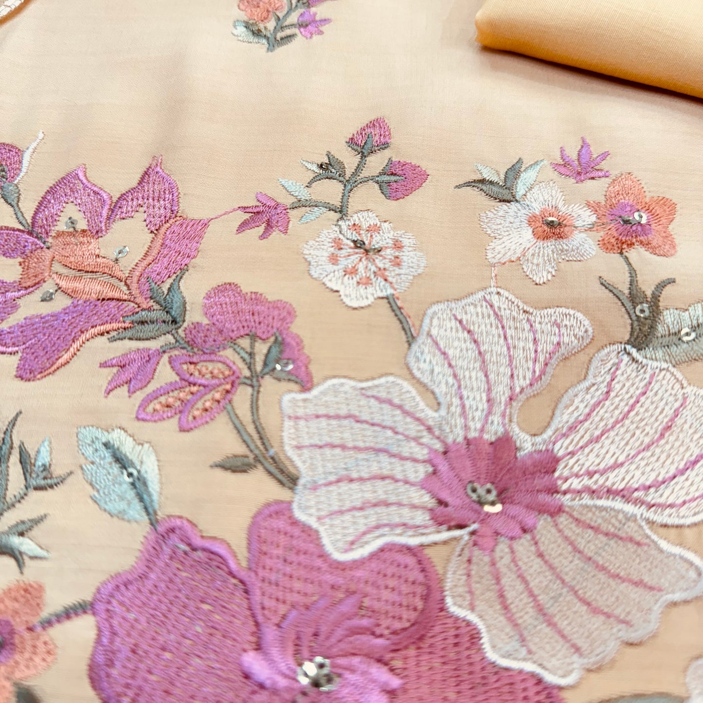 Embroidered Muslin Suit With Organza Dupatta