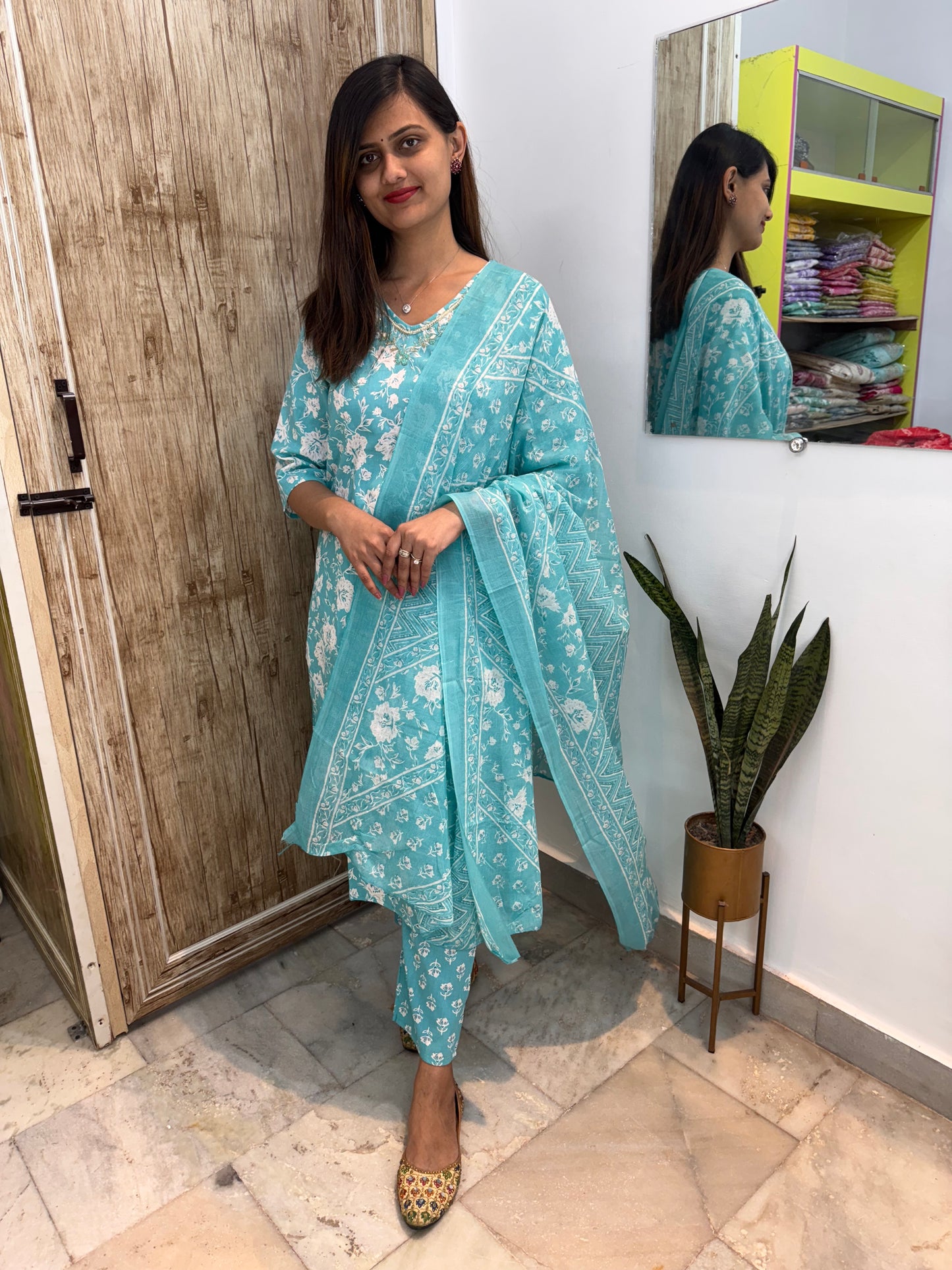 Beautiful Embroidered Cotton Suit Set with Mul Cotton Dupatta