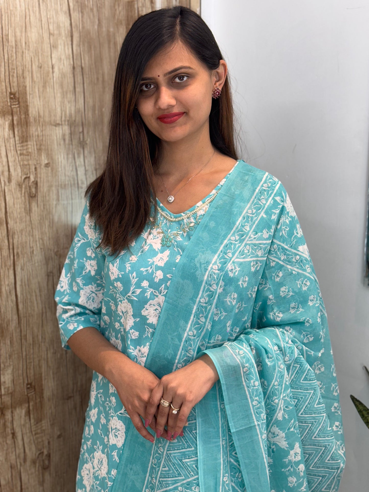 Beautiful Embroidered Cotton Suit Set with Mul Cotton Dupatta
