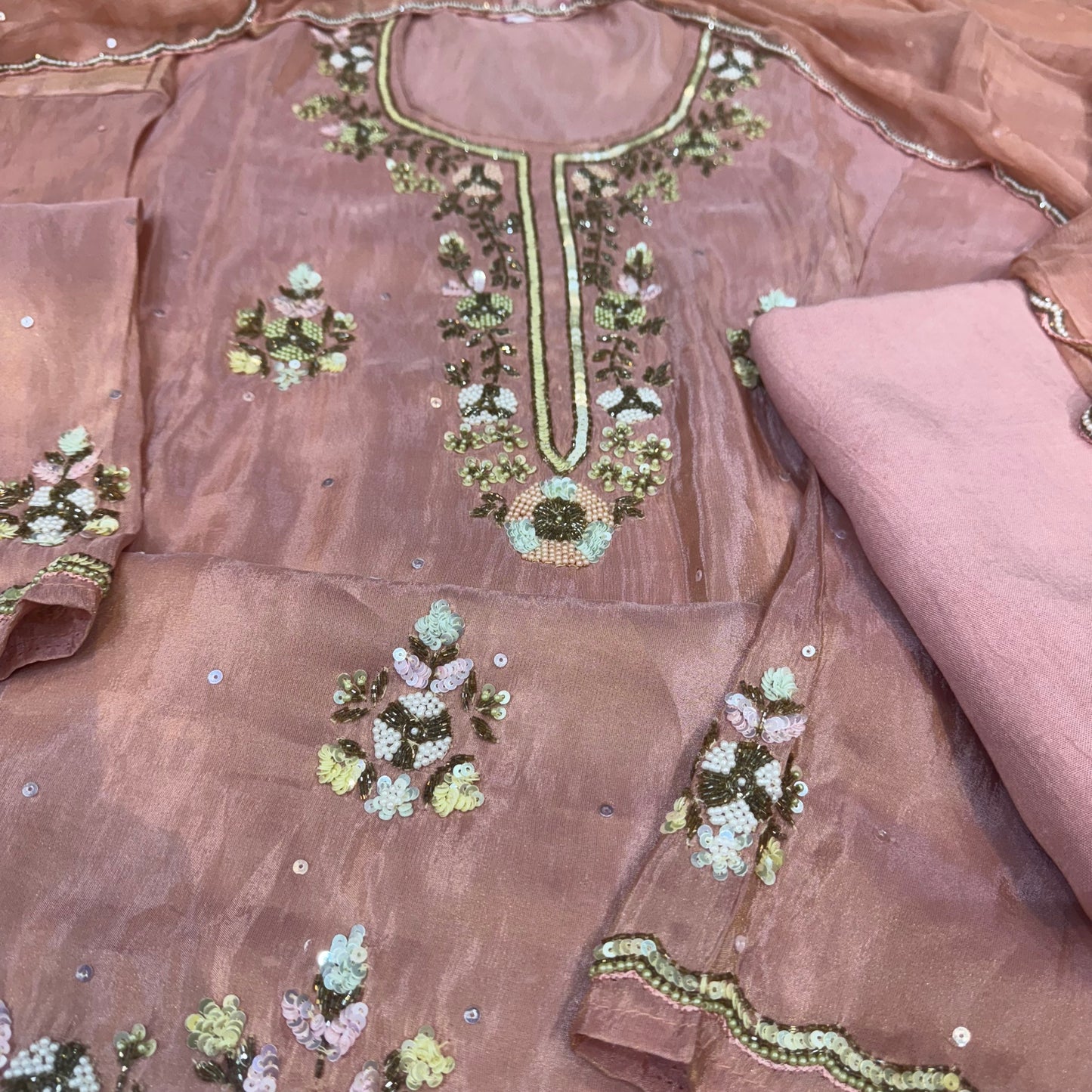 Hand Embroidered Shimmer Silk Suit
