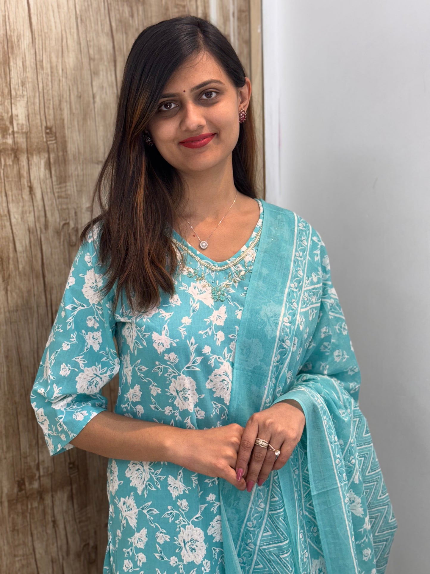 Beautiful Embroidered Cotton Suit Set with Mul Cotton Dupatta