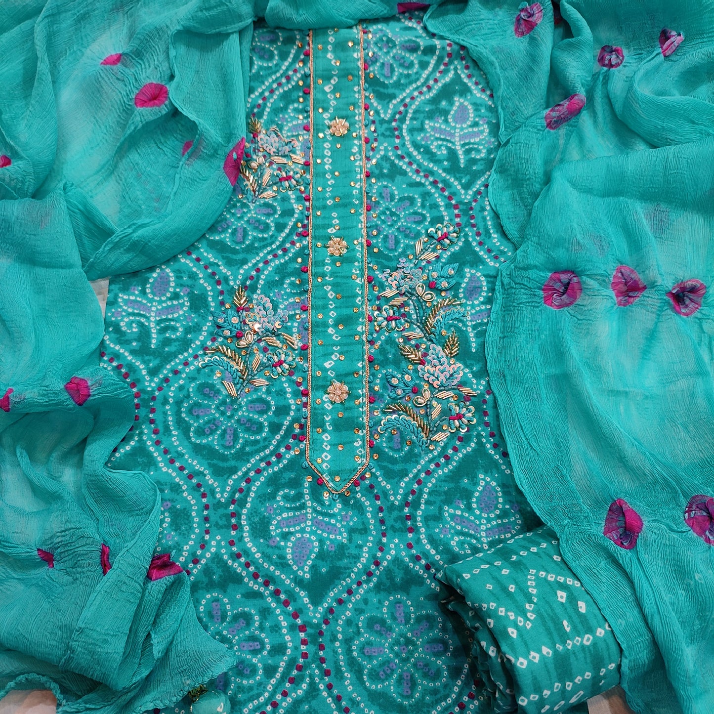 Firozi Cotton Embroidered Neck Suit