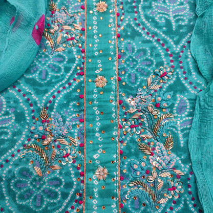 Firozi Cotton Embroidered Neck Suit