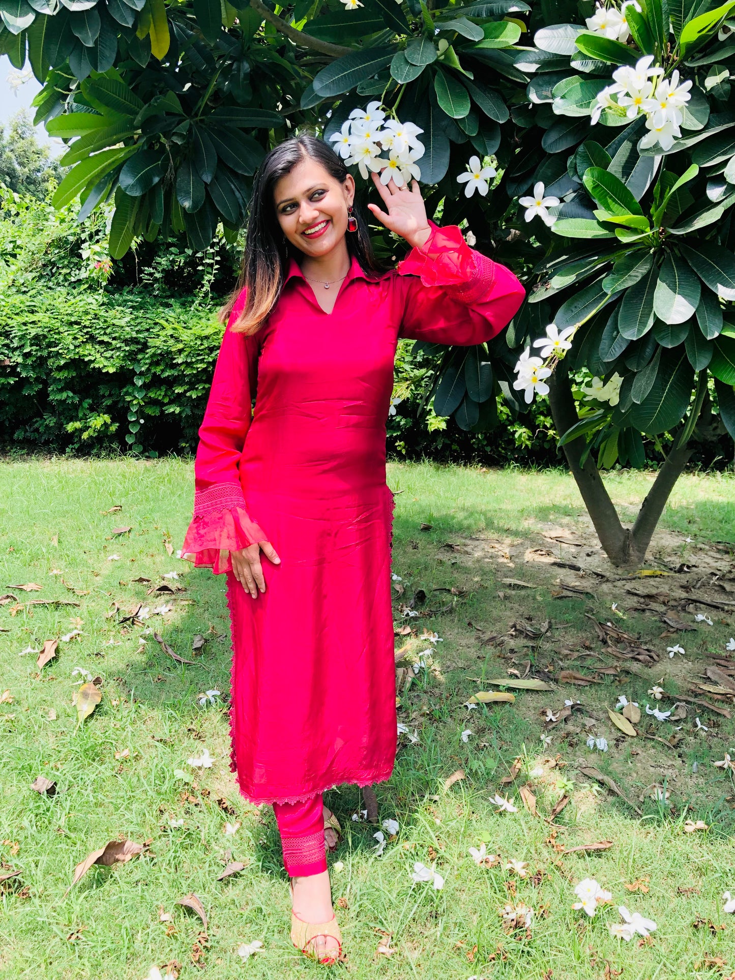 Designer Habutai Silk Suit With Crochet Work