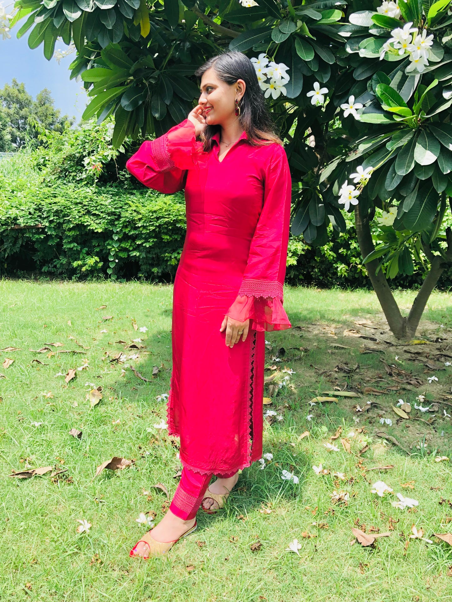 Designer Habutai Silk Suit With Crochet Work