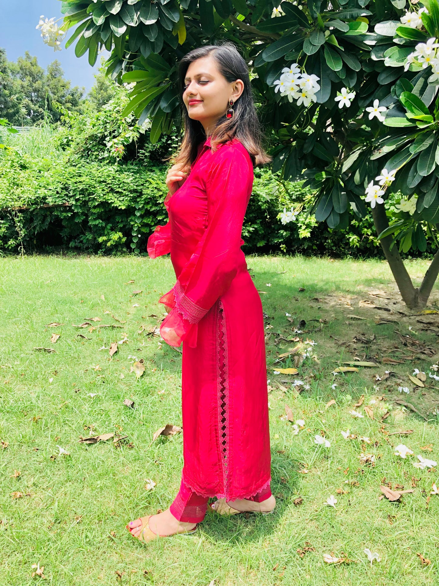 Designer Habutai Silk Suit With Crochet Work