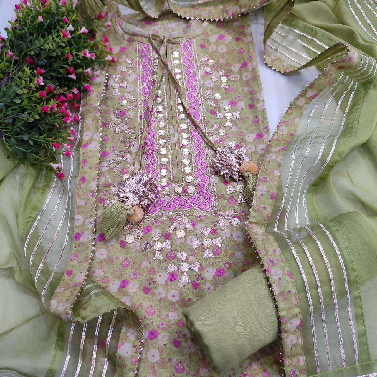 Printed Cotton Green Suit Gota Work