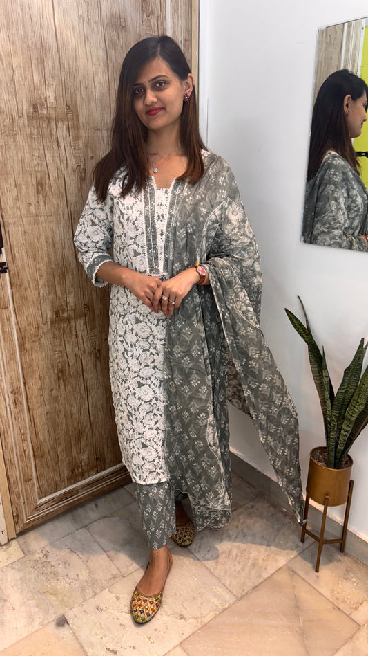 Beautiful Embroidered Cotton Suit Set with Mul Cotton Dupatta