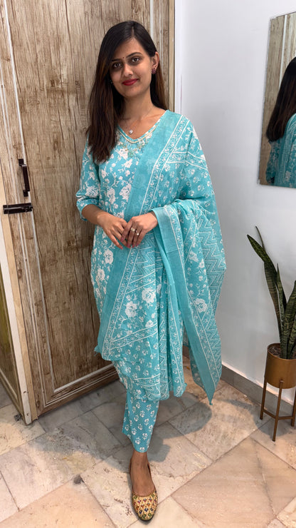 Beautiful Embroidered Cotton Suit Set with Mul Cotton Dupatta