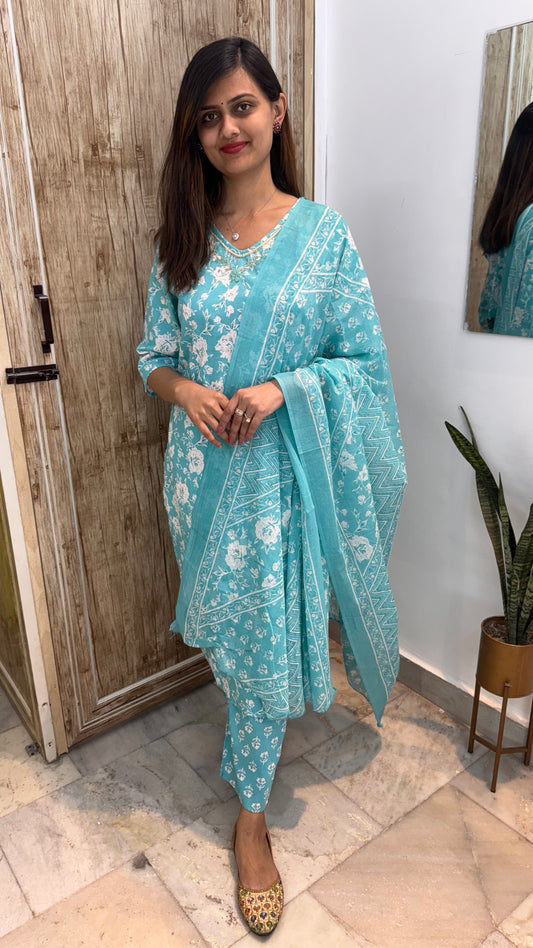 Beautiful Embroidered Cotton Suit Set with Mul Cotton Dupatta