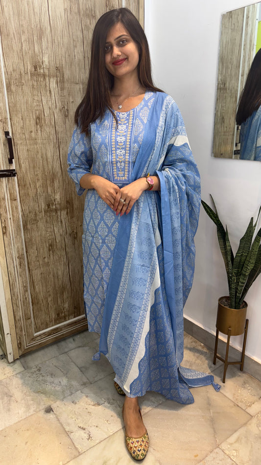 Beautiful Embroidered Cotton Suit Set with Mul Cotton Dupatta