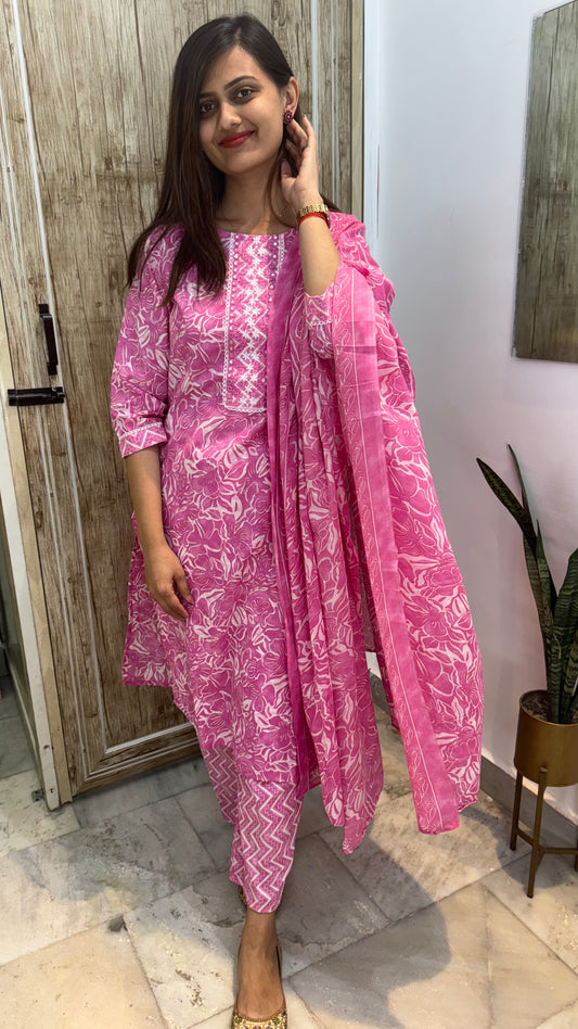 Beautiful Embroidered Cotton Suit Set with Mul Cotton Dupatta