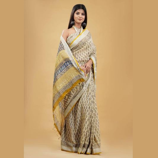 Linen Block Printed Saree
