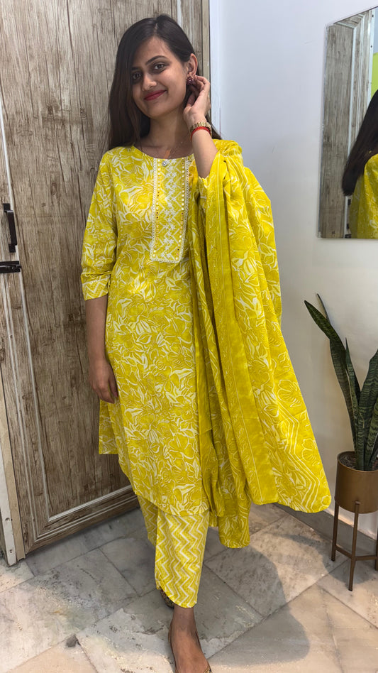 Beautiful Embroidered Cotton Suit Set with Mul Cotton Dupatta