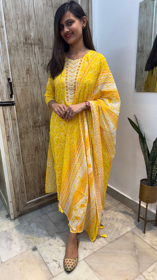 Beautiful Embroidered Cotton Suit Set with Mul Cotton Dupatta