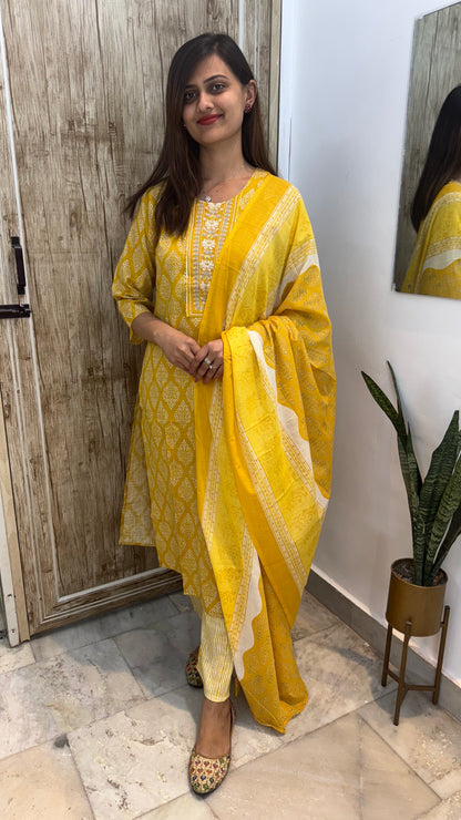 Beautiful Embroidered Cotton Suit Set with Mul Cotton Dupatta