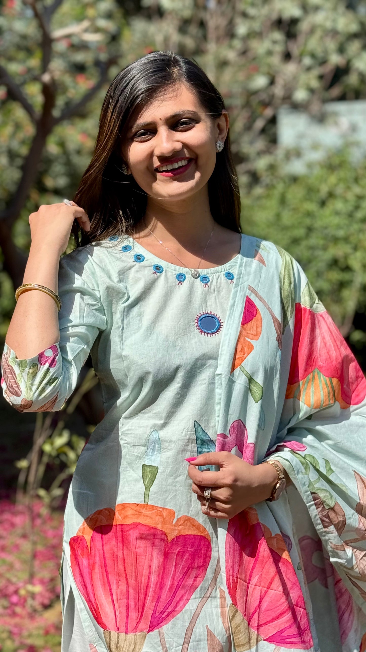 Beautiful Mirror work Floral Kurta Set