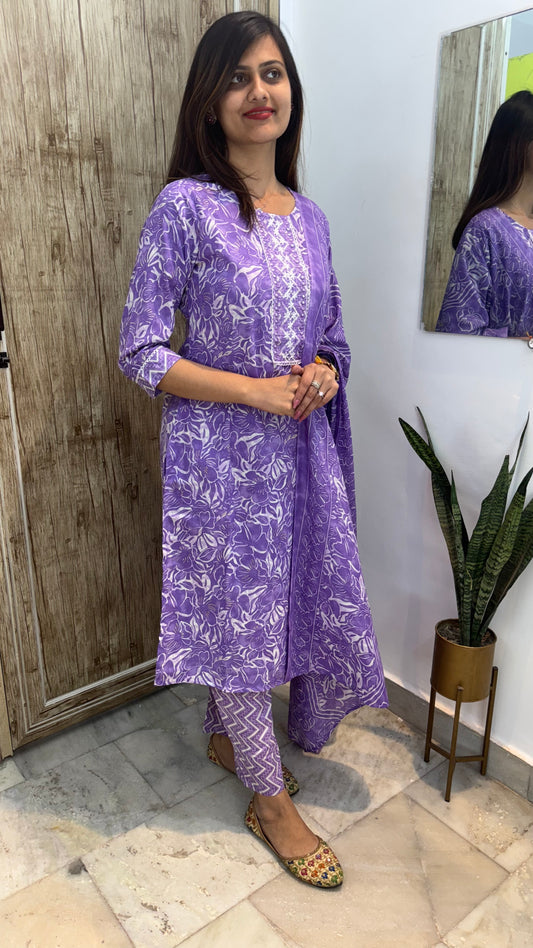 Beautiful Embroidered Cotton Suit Set with Mul Cotton Dupatta