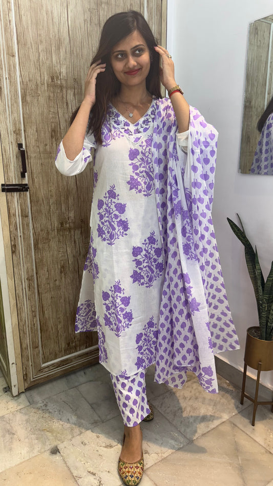 Beautiful Embroidered Cotton Suit Set with Mul Cotton Dupatta