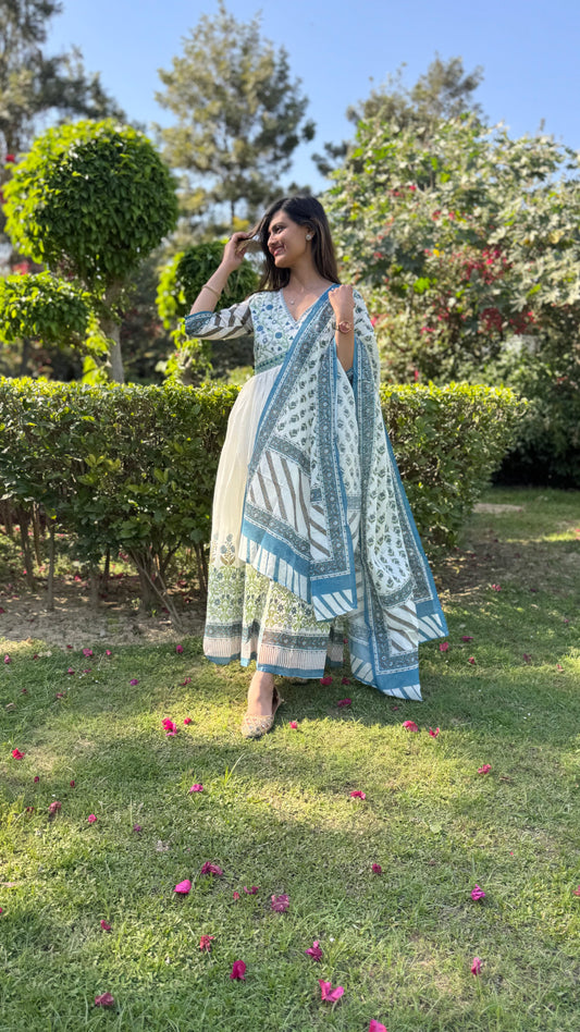 Pure Mul Mul Cotton Aanarkali Dress With Printed Mul Mul Dupatta