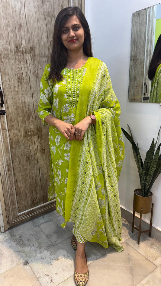 Beautiful Embroidered Cotton Suit Set with Mul Cotton Dupatta