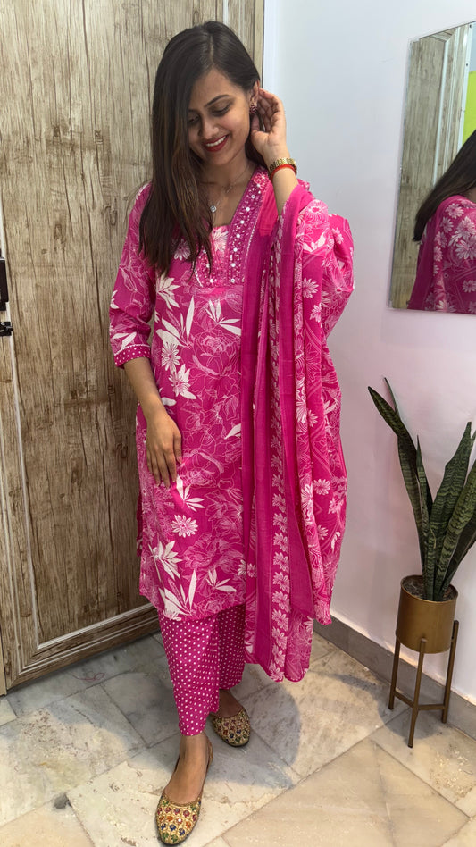Beautiful Embroidered Cotton Suit Set with Mul Cotton Dupatta