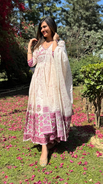 Pure Mul Mul Cotton Aanarkali Dress With Printed Mul Mul Dupatta