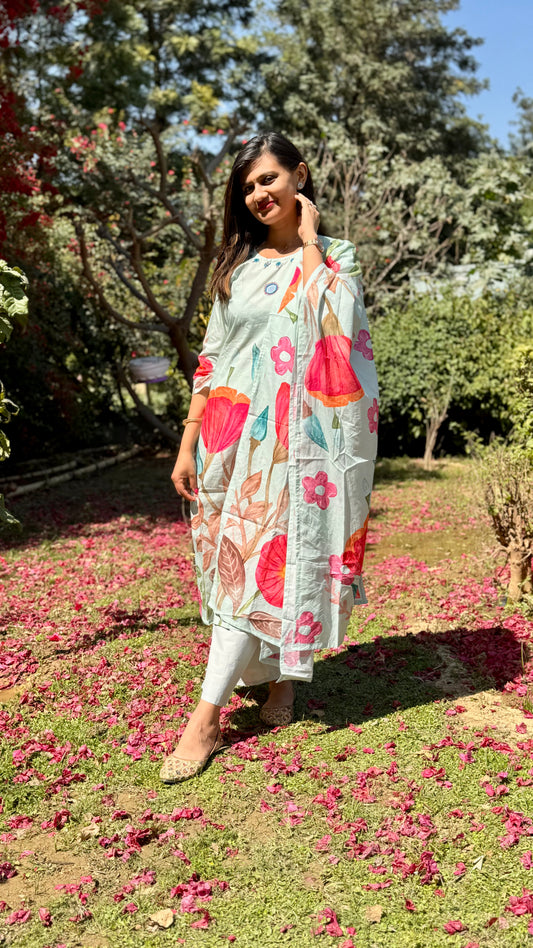 Beautiful Mirror work Floral Kurta Set