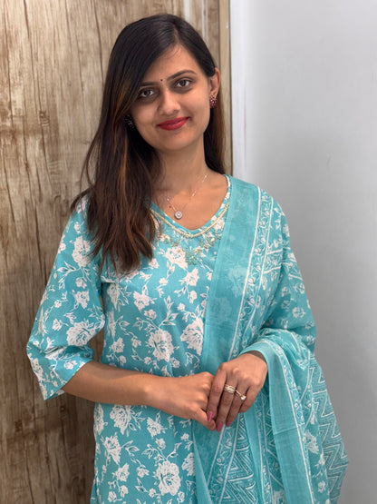 Beautiful Embroidered Cotton Suit Set with Mul Cotton Dupatta