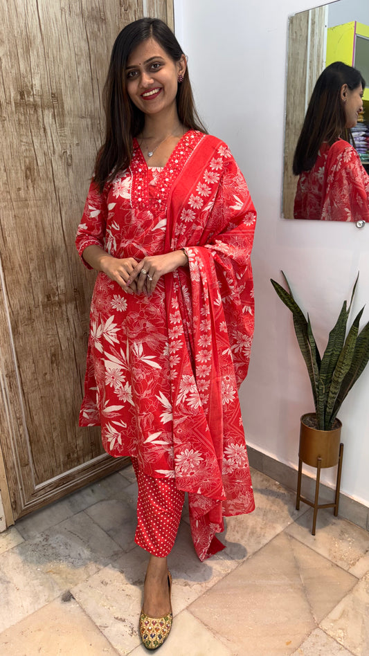 Beautiful Embroidered Cotton Suit Set with Mul Cotton Dupatta