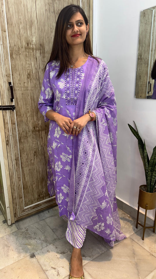 Beautiful Embroidered Cotton Suit Set with Mul Cotton Dupatta