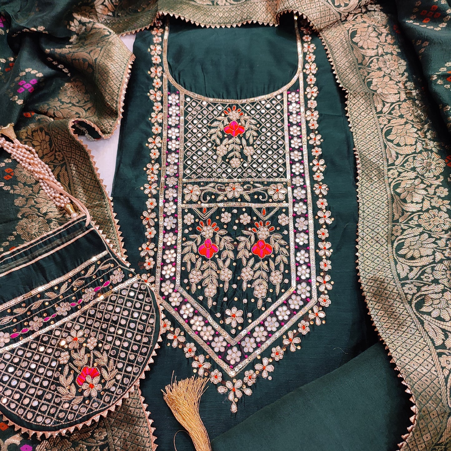 Embroidered Bottle Green Chanderi Suit