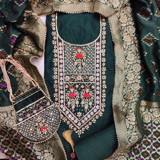 Embroidered Bottle Green Chanderi Suit
