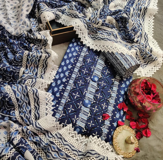 Designer Cotton Suit With Heavy Crochet Lace Work