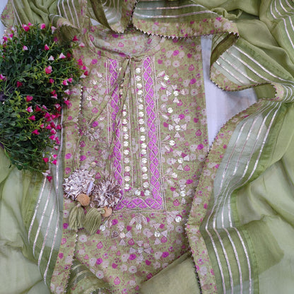 Printed Cotton Green Suit Gota Work
