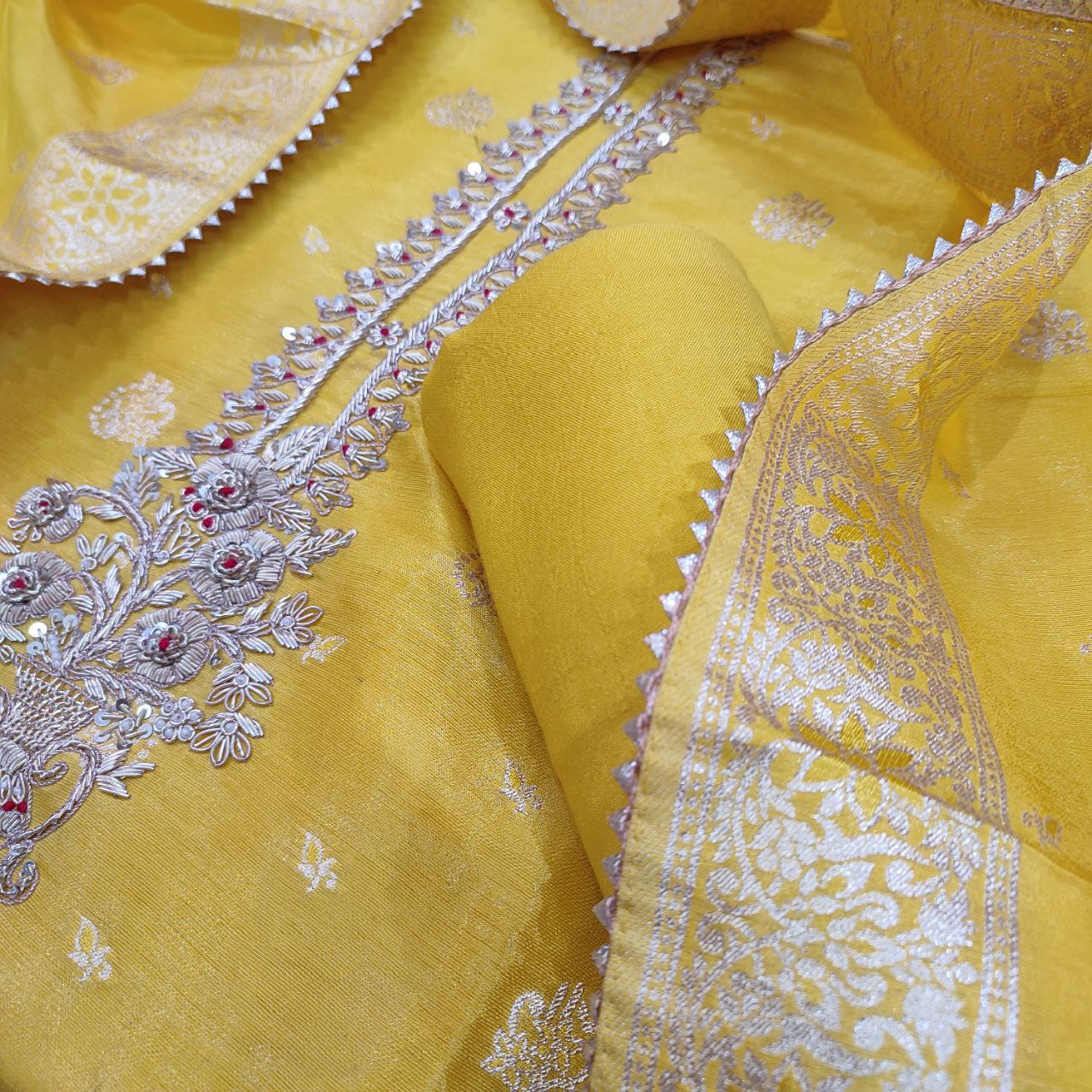 Embroidered Shimmer Dola Silk Suit