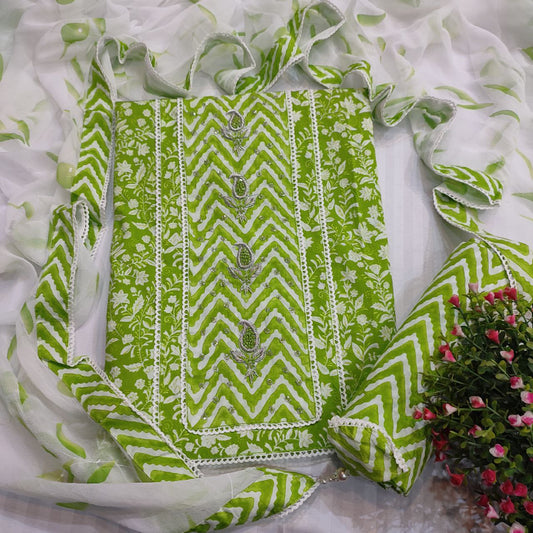 Embroidered Cotton Green Suit