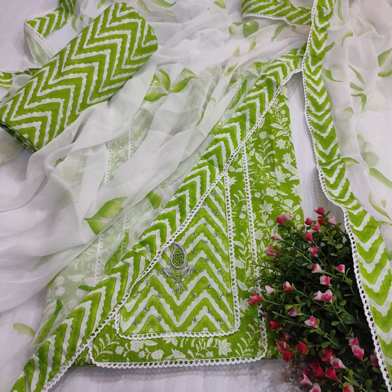 Embroidered Cotton Green Suit