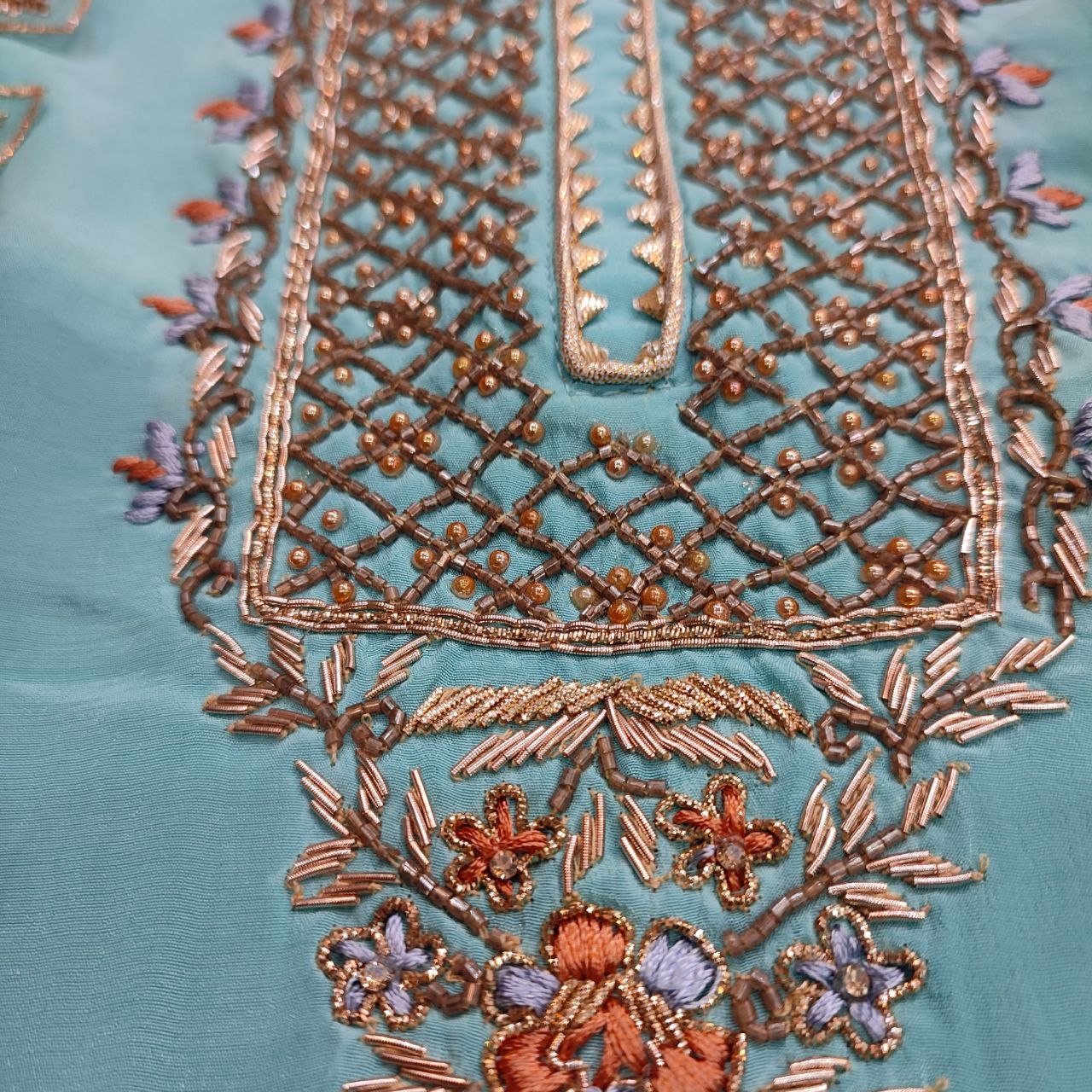 Sky Blue Crepe Suit With Hand Embroidery