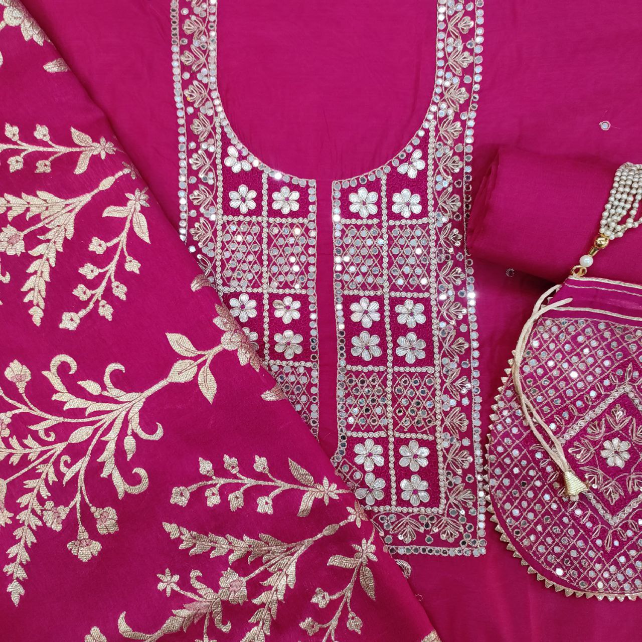Embroidered Chanderi Pink Suit