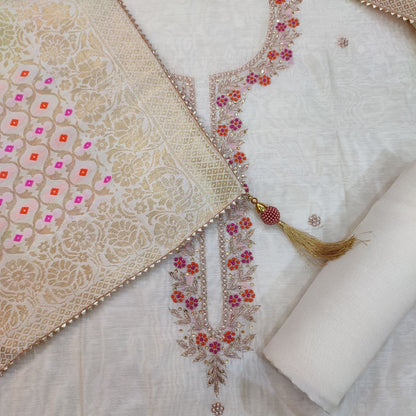 Embroidered Off White Chanderi Suit