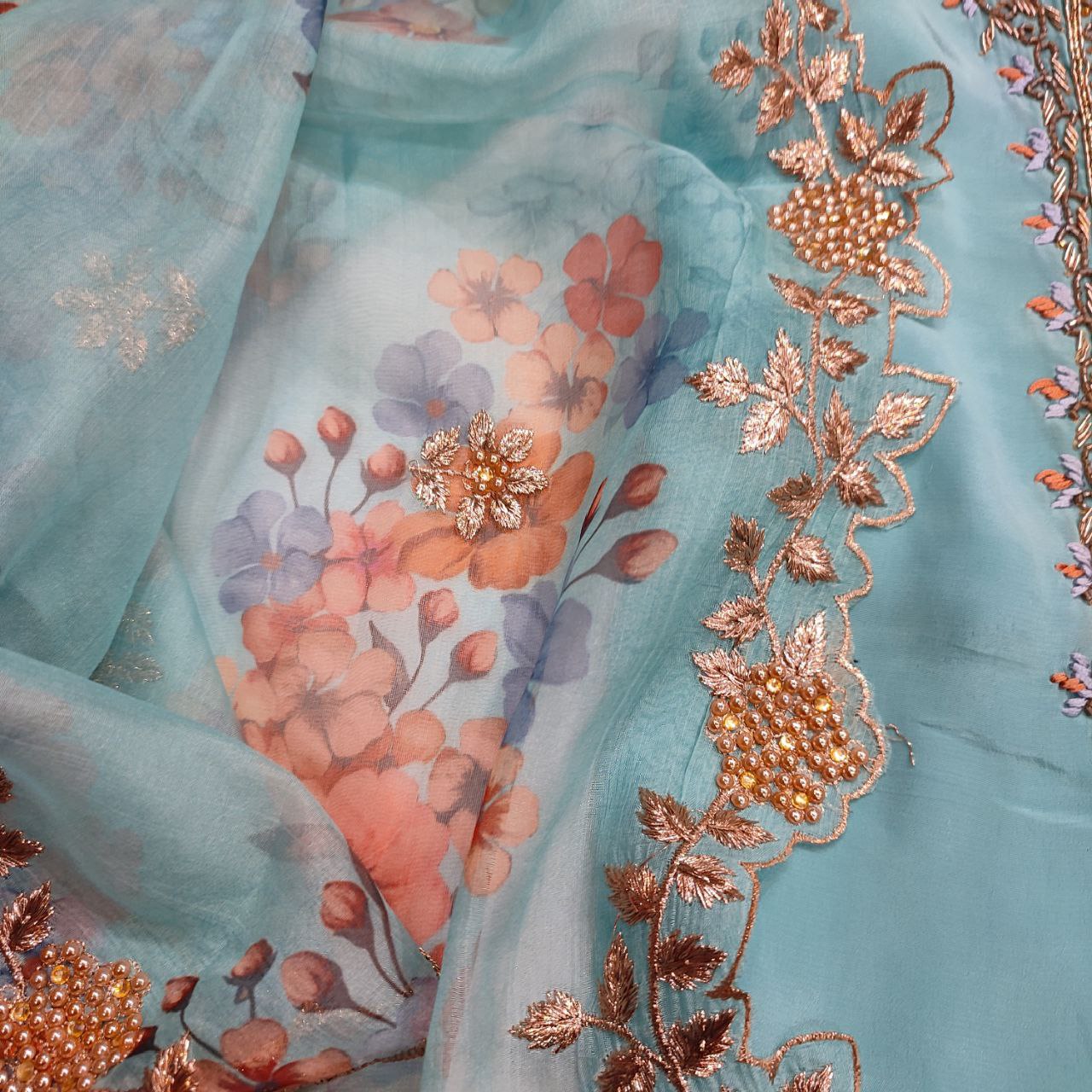 Sky Blue Crepe Suit With Hand Embroidery