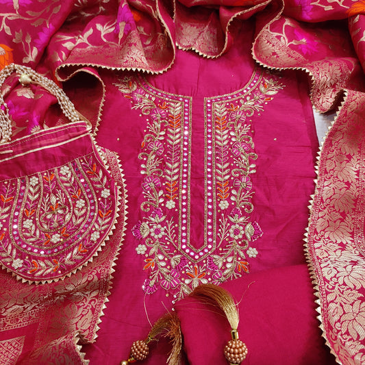 Designer Chanderi Hand Embroidered Suit