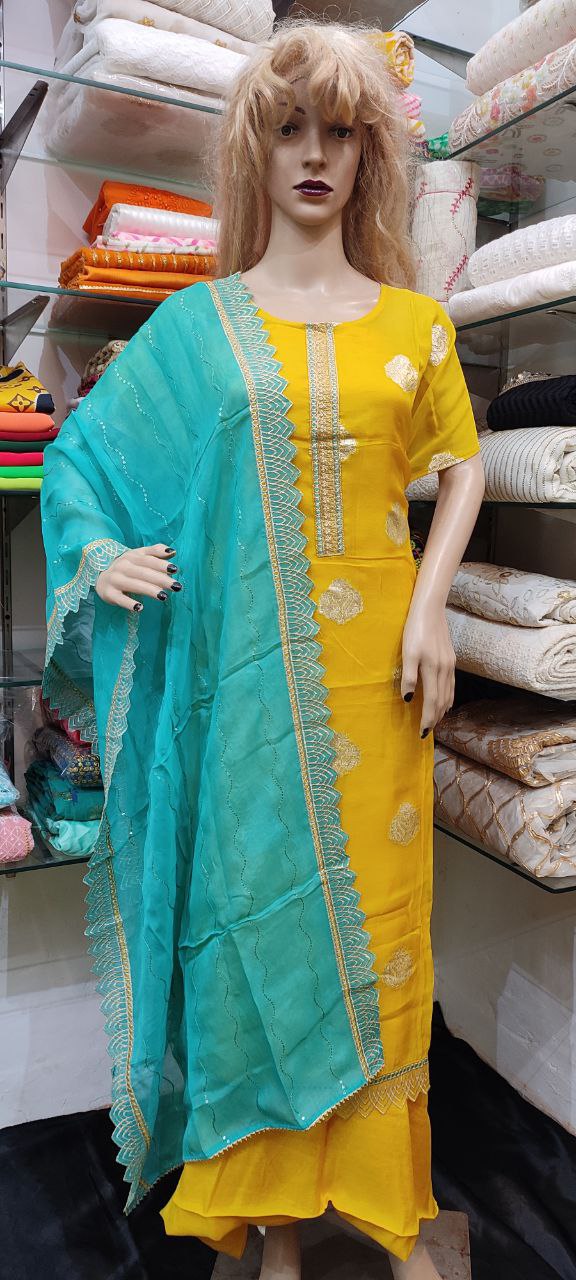 Beautiful Yellow Color Sharara Suit Set with Jaipuri Dupatta in color contrast  Yellow or Orange Dupatta Sets